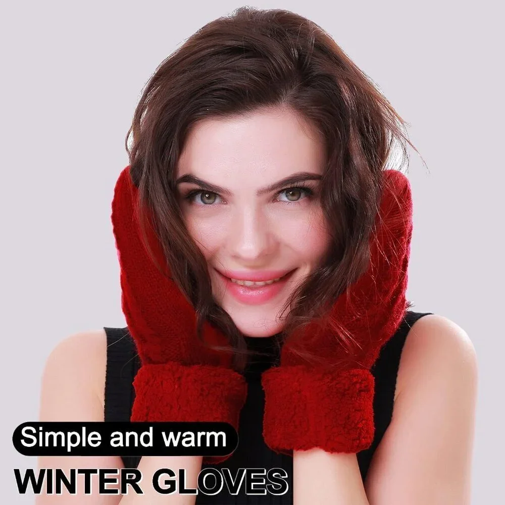 Women's Red Winter Warm Imported Fleece Lining Cozy Wool Knit Thick Gloves